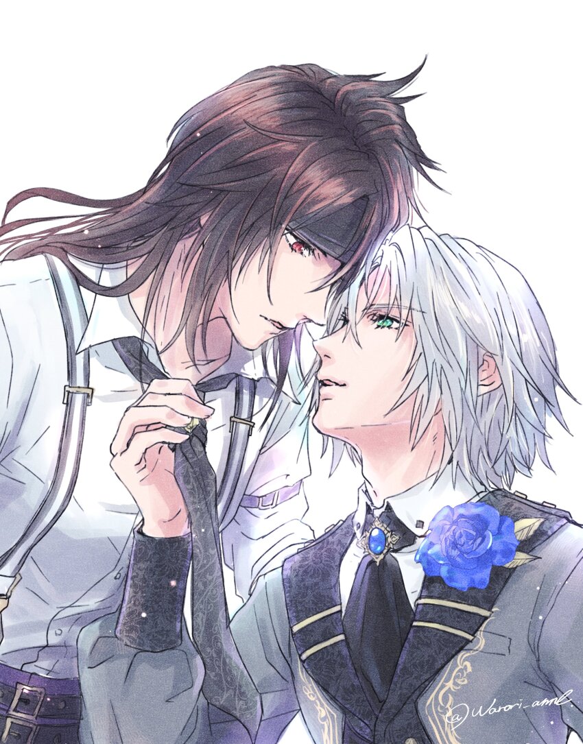 2boys absurdres aged_down aqua_eyes arm_belt ascot belt black_ascot black_belt black_hair black_headband black_necktie blue_flower blue_gemstone blue_rose clothes_grab collared_shirt final_fantasy final_fantasy_vii final_fantasy_vii_ever_crisis flower gem grey_hair grey_jacket hair_between_eyes headband highres jacket long_hair looking_at_another male_focus multiple_belts multiple_boys necktie necktie_grab neckwear_grab official_alternate_costume pants parted_lips purple_pants red_eyes rose sephiroth sephiroth_(dark_attire) sephiroth_(ever_crisis) shirt short_hair suspenders tie_clip twitter_username upper_body vincent_valentine vincent_valentine_(formal_attire) warori_anne white_background white_shirt yaoi