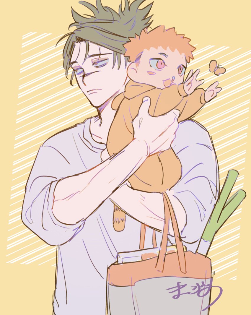 2boys :| absurdres aged_down baby baby_carry bag bags_under_eyes black_hair brothers bug butterfly carrying choso_(jujutsu_kaisen) closed_mouth cosplay food food_packaging food_wrapper full_body half-siblings highres holding holding_another&#039;s_leg insect itadori_yuuji jujutsu_kaisen kigurumi long_hair long_sleeves looking_to_the_side male_focus multiple_boys onesie open_mouth orange_background orange_butterfly orange_eyes plastic_wrap price_tag scar scar_on_face shirt short_eyebrows short_hair short_twintails siblings signature simple_background single_eyebrow sleeves_pushed_up snot_trail spiked_hair spring_onion sticker styrofoam tote_bag twintails undercut upper_body white_shirt wrapped_up zumu_(quw87)
