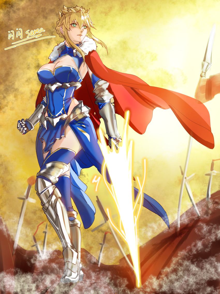 1girl absurdres accelerator1111 armor artoria_pendragon_(fate) artoria_pendragon_(lancer)_(fate) blonde_hair blue_gloves blue_leotard blue_thighhighs braid braided_bun breasts cape cleavage crown fate/grand_order fate_(series) field_of_blades fur-trimmed_cape fur_trim gauntlets gloves green_eyes hair_bun highleg highleg_leotard highres lance large_breasts leotard polearm red_cape rhongomyniad_(fate) sidelocks sword thighhighs weapon