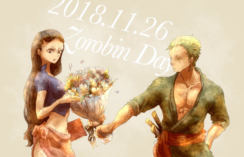 1boy 1girl black_hair blue_shirt book bouquet commentary dated earrings eyewear_on_head flower green_hair green_kimono highres holding holding_book holding_bouquet japanese_clothes jewelry kimono long_hair looking_at_another looking_at_flowers nico_robin nikoban one_piece pink_sarong red_sash roronoa_zoro sarong sash scar scar_across_eye scar_on_face shirt short_hair simple_background upper_body