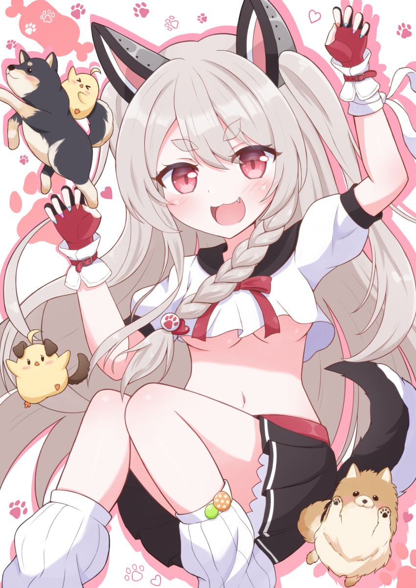 1girl :3 :d animal animal_ears azur_lane blush braid breasts claw_pose dog dog_ears dog_girl dog_tail fang fingerless_gloves gloves grey_hair leg_warmers manjuu_(azur_lane) mechanical_ears medium_breasts miniskirt multicolored_nails oboroillust open_mouth paw_print red_eyes skirt smile tail underboob yuudachi_(azur_lane)