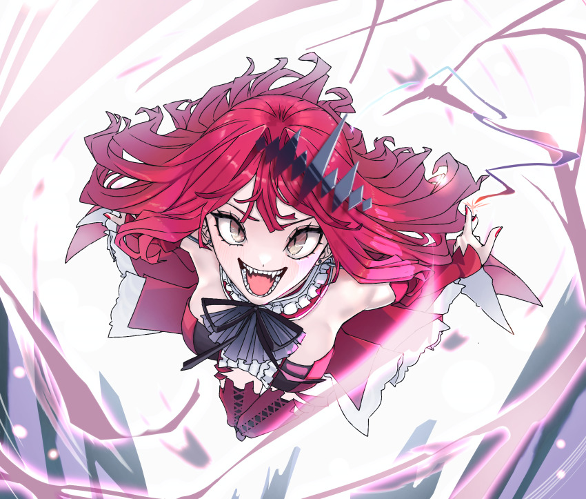1girl absurdres baobhan_sith_(fate) baobhan_sith_(first_ascension)_(fate) blush boots breasts crazy_eyes crazy_smile detached_sleeves dress earrings fangs fate/grand_order fate_(series) frilled_dress frills grey_eyes hair_ornament highres jewelry long_hair looking_at_viewer niwaikanai pink_hair red_dress red_nails sidelocks smile solo thigh_boots white_background