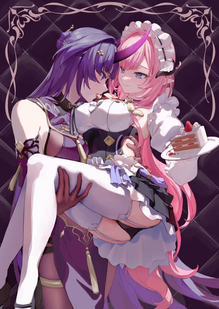 2girls absurdres alternate_costume bare_shoulders black_gloves black_horns black_panties black_pantyhose blue_eyes breasts cake cake_slice carrying closed_mouth commentary dress eating elysia_(honkai_impact) elysia_(miss_pink)_(honkai_impact) elysia_(miss_pink_elf)_(honkai_impact) enmaided eye_contact food food_on_body food_on_breasts gloves hashtag-only_commentary highres honkai_(series) honkai_impact_3rd horns large_breasts long_hair looking_at_another maid maid_headdress multiple_girls official_alternate_costume panties pantyhose pink_hair pink_pupils pointy_ears princess_carry purple_dress purple_eyes purple_hair purple_horns raiden_mei raiden_mei_(herrscher_of_thunder) raiden_mei_(rainy_springtide) roena sidelocks smile thighhighs thighs underwear very_long_hair white_thighhighs yuri