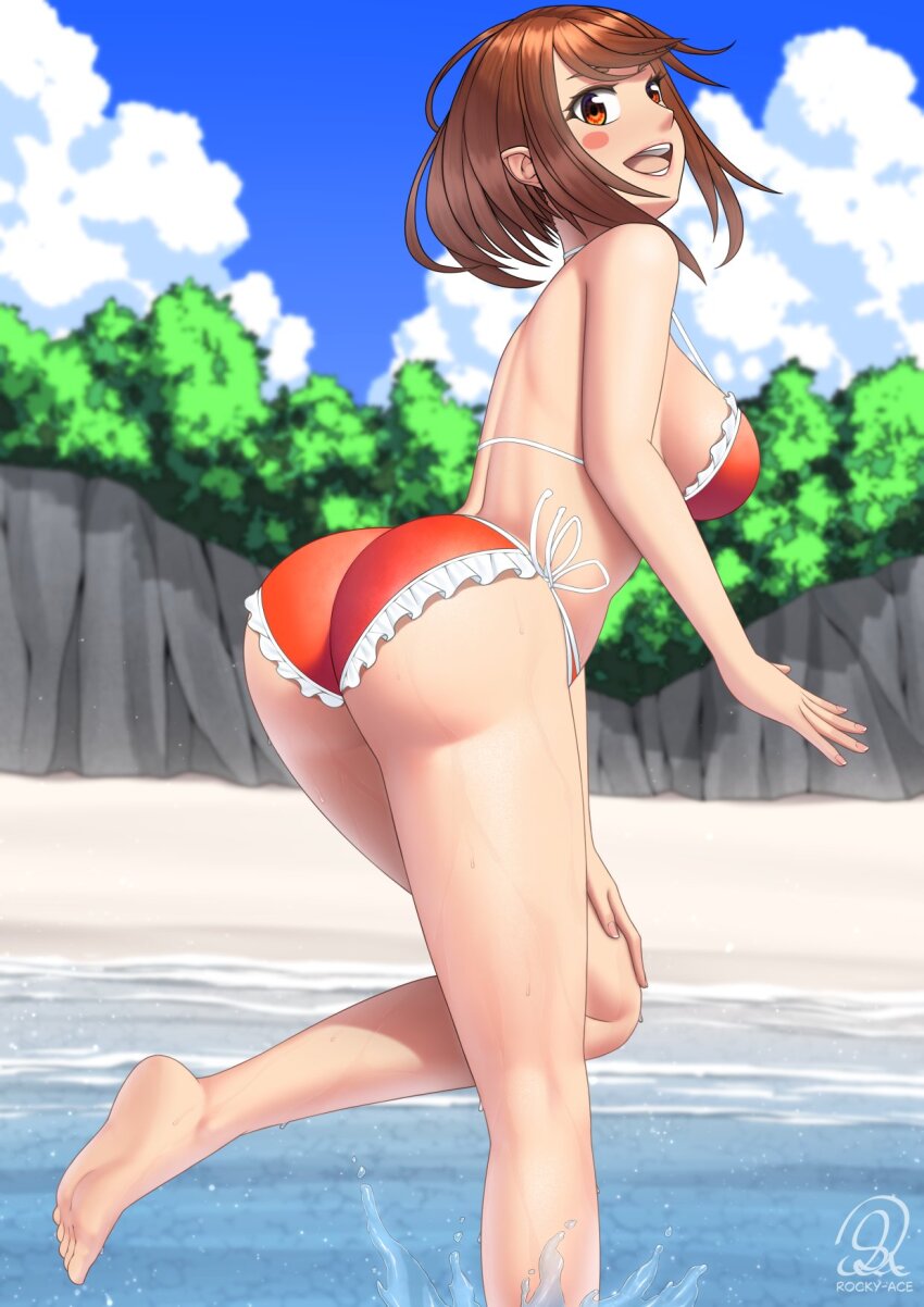 1girl artist_name ass bare_shoulders barefoot beach bikini blue_sky blush_stickers boku_no_hero_academia breasts brown_eyes brown_hair cloud female_focus hand_on_own_knee highres large_breasts matching_hair/eyes ocean red_bikini rocky-ace short_hair sidelocks sky solo swimsuit thighs uraraka_ochako watermark