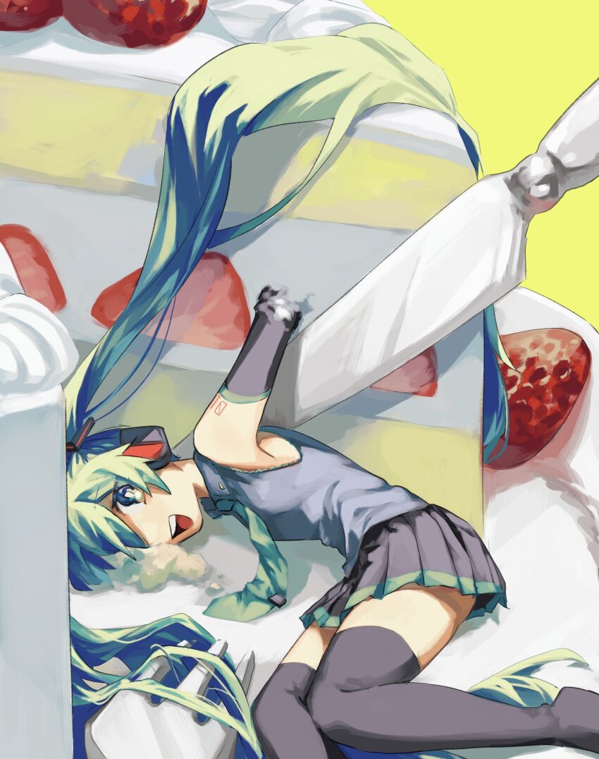 1girl absurdly_long_hair amputee aqua_hair aqua_necktie black_boots black_skirt boots cake collared_shirt commentary_request detached_sleeves everything_is_cake_(meme) feet_out_of_frame food fork from_above grey_shirt hair_flowing_over hatsune_miku headphones highres in_food knife long_hair looking_at_viewer looking_up lying meme mini_person minigirl necktie on_side open_mouth pleated_skirt shirt shoulder_tattoo skirt sleeveless sleeveless_shirt smile solo strawberry_shortcake tattoo thigh_boots thighhighs twintails utensil very_long_hair vocaloid x_oo39 yellow_background zettai_ryouiki