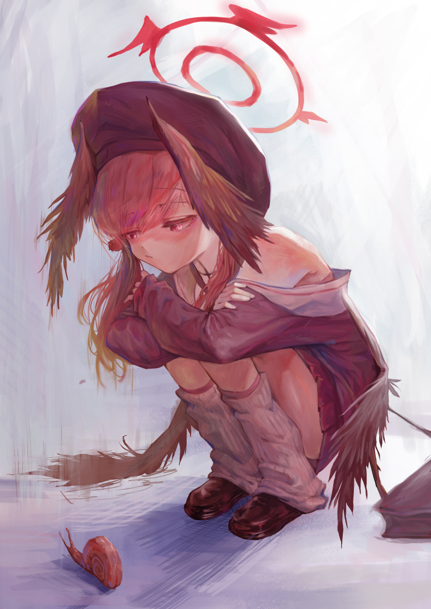 1girl absurdres bag black_bag black_footwear black_hat black_shirt black_wings blue_archive blush closed_mouth crossed_arms feathered_wings hat highres holding holding_bag koharu_(blue_archive) kongaru_123 pink_eyes pink_hair sailor_collar shirt single_bare_shoulder snail socks squatting twintails white_sailor_collar white_socks wings