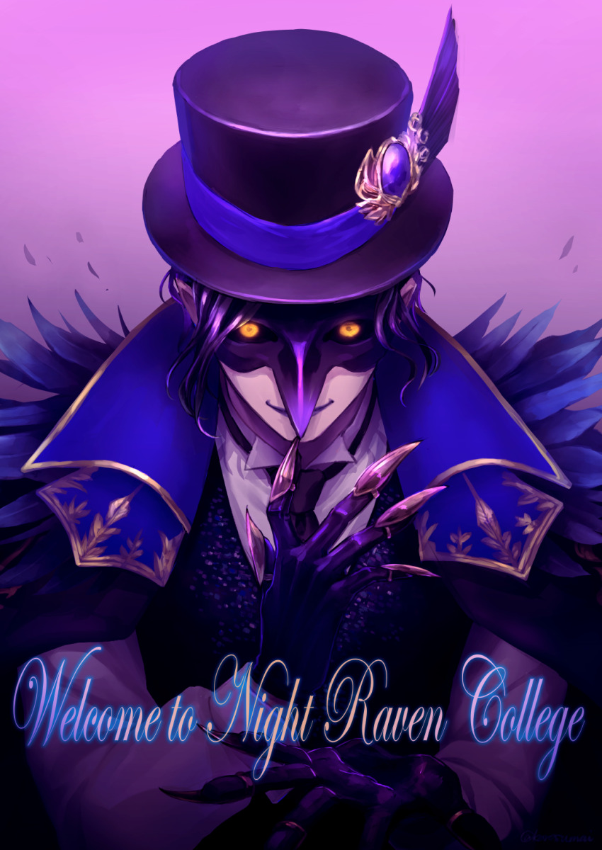1boy bird_mask claw_ring commentary_request crowdance dire_crowley english_text glowing glowing_eyes hands_up hat highres jewelry looking_at_viewer male_focus mask multiple_rings purple_background purple_hair ring short_hair smile solo top_hat twisted_wonderland upper_body yellow_eyes