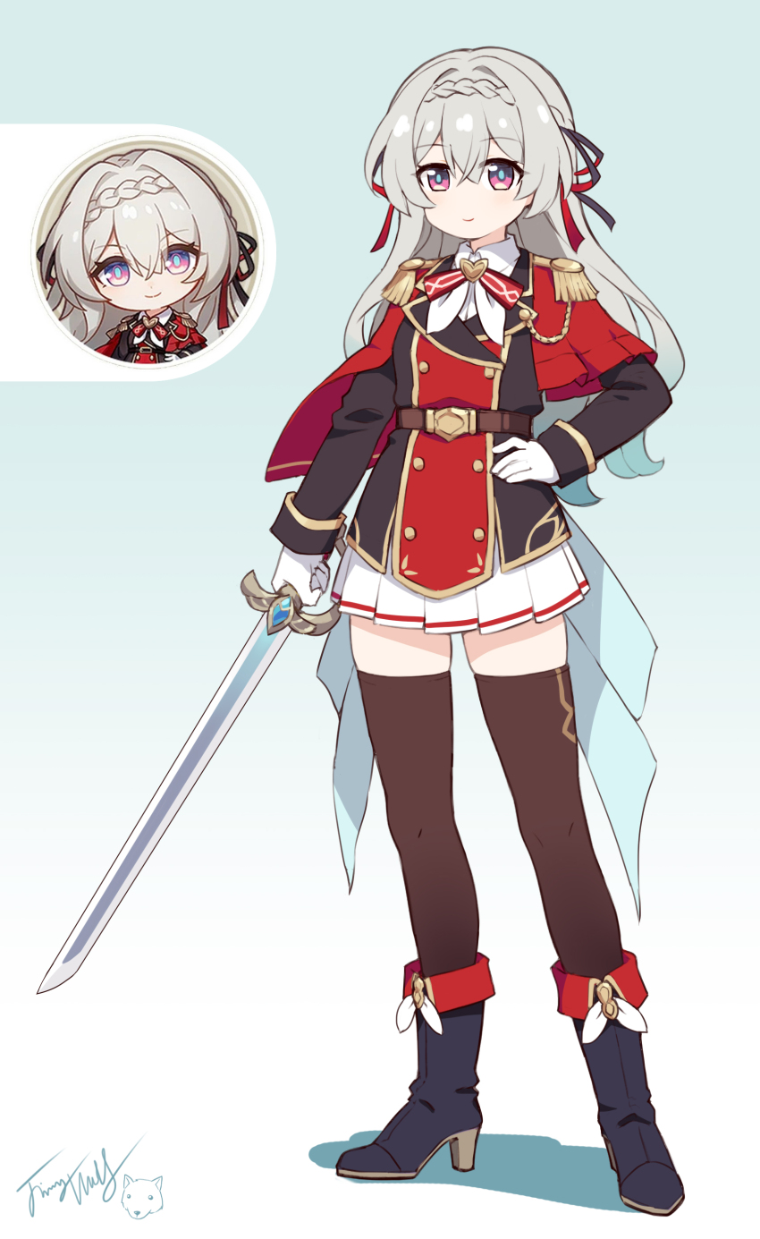 1girl absurdres black_boots black_jacket blue_background boots braid brown_thighhighs chibi chibi_inset closed_mouth colored_shadow commentary_request epaulettes firefly_(honkai:_star_rail) gloves gradient_background grey_hair hair_between_eyes hair_intakes hand_on_own_hip high_heel_boots high_heels highres holding holding_sword holding_weapon honkai:_star_rail honkai_(series) jacket langbazi long_sleeves multiple_views pleated_skirt red_eyes shadow signature skirt sleeves_past_wrists smile standing sword thighhighs thighhighs_under_boots weapon white_background white_gloves white_skirt