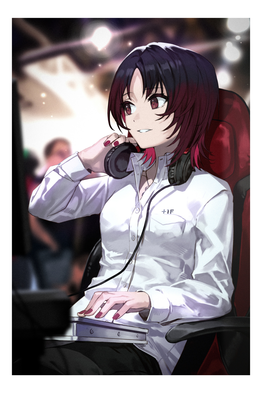 1girl black_hair chair collared_shirt gaming_chair gradient_hair headphones headphones_around_neck highres hungry_clicker kisaragi_ren_(vtuber) leverless_arcade_stick long_sleeves multicolored_hair nail_polish red_eyes red_hair shirt short_hair sitting solo_focus swivel_chair virtual_youtuber vspo! white_shirt