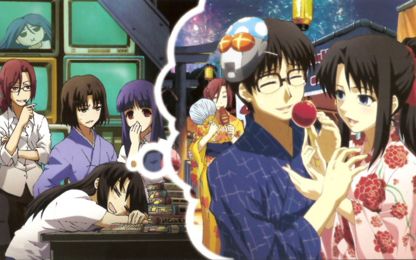 4girls aozaki_touko asagami_fujino cigarette closed_eyes dreaming food fujou_kirie glasses hand_fan japanese_clothes kara_no_kyoukai kimono kokutou_azaka kokutou_mikiya multiple_girls paper_fan ryougi_shiki sleeping smoking uchiwa