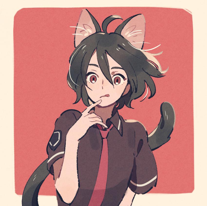 1boy animal_ears bellri_zenam black_hair brown_eyes cat_ears cat_tail gundam gundam_g_no_reconguista hair_between_eyes highres kemonomimi_mode licking licking_finger mogy88428 necktie red_eyes shirt slit_pupils t-shirt tail