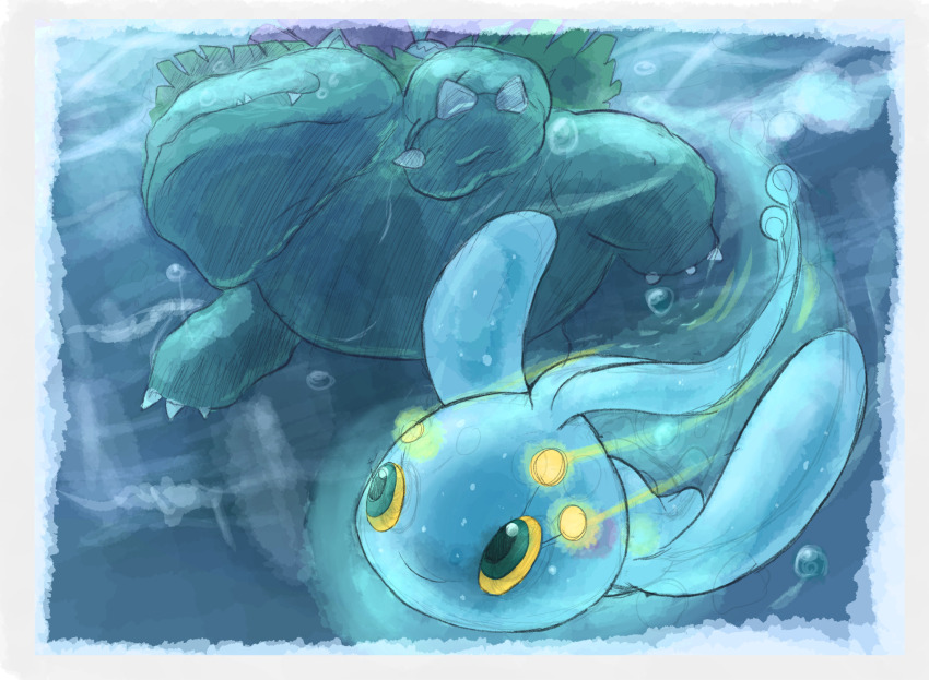 air_bubble blue_eyes border bubble claws closed_eyes closed_mouth colored_sclera fangs gen_1_pokemon gen_4_pokemon highres legendary_pokemon manaphy mythical_pokemon nintendo no_humans pokemon pokemon_(creature) swimming venusaur venusaur-propaganda white_border yellow_sclera