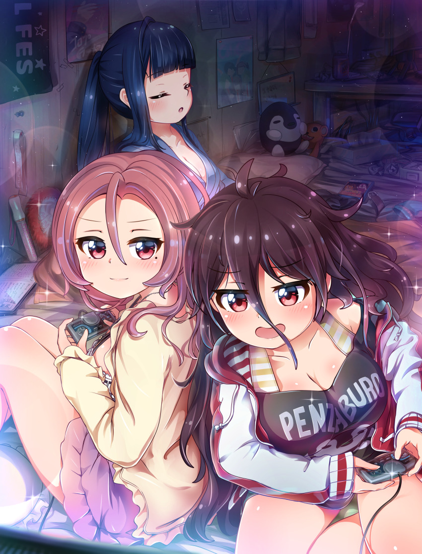 3girls a&amp;w absurdres battle_girl_high_school blunt_bangs breasts cleavage hair_between_eyes highres indoors kusunoki_asuha light_particles messy_hair mole mole_under_eye multiple_girls pillow pink_hair ponytail poster_(object) serizawa_renge sitting sleeping sleeping_upright sparkle stuffed_animal stuffed_penguin stuffed_toy tamanegi_(12030028) tissue_box tsubuzaki_anko video_game