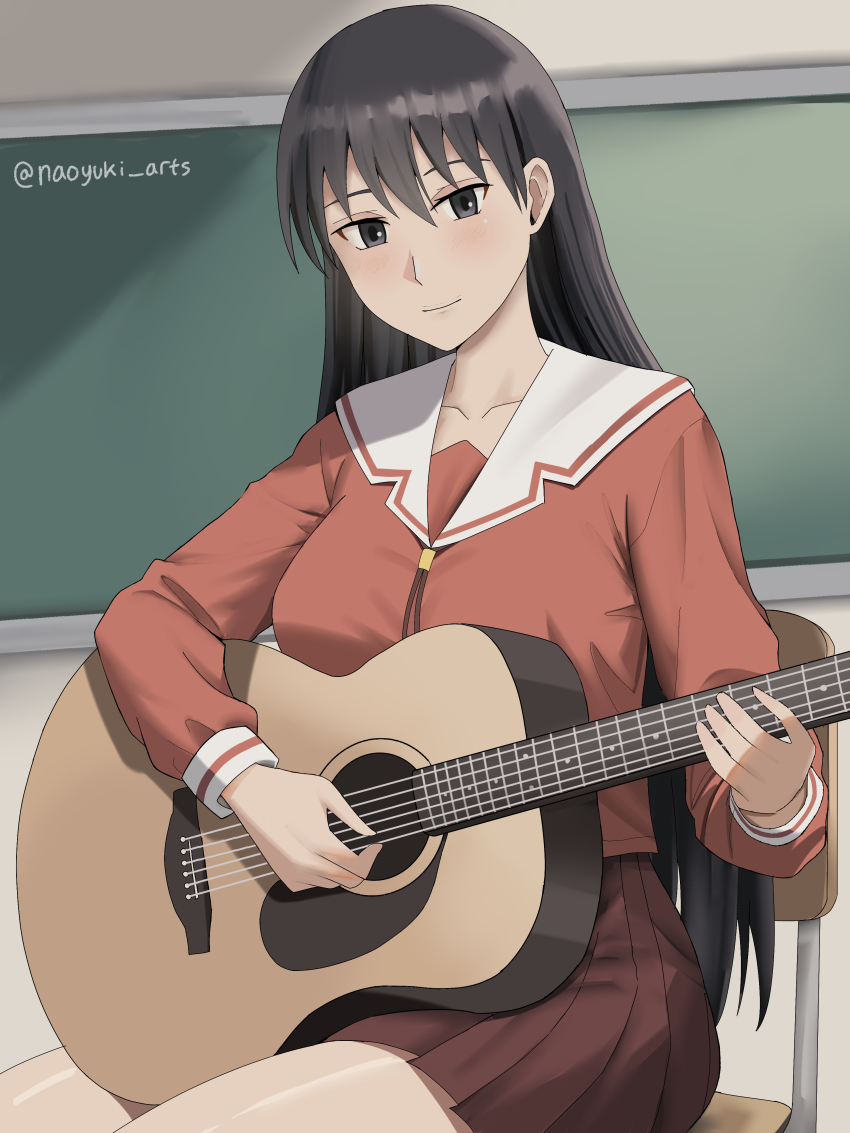 1girl absurdres artist_name azumanga_daioh&#039;s_school_uniform azumanga_daiou black_eyes black_hair chalkboard classroom guitar highres holding holding_guitar holding_instrument indoors instrument jacket long_hair looking_at_viewer music naoyuki_arts on_chair pink_jacket playing_instrument pleated_skirt red_skirt sailor_collar sakaki_(azumanga_daioh) school_uniform sitting skirt solo white_sailor_collar