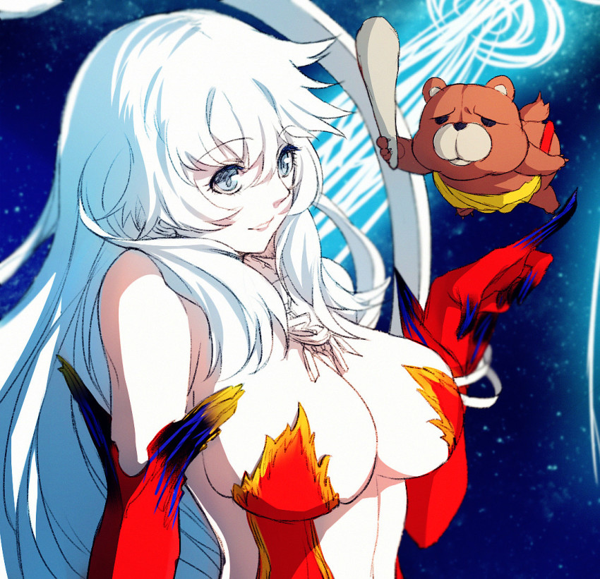 1girl arm_at_side artemis_(fate) artemis_(third_ascension)_(fate) bare_shoulders blue_eyes blue_hair breasts cleavage club_(weapon) collarbone dress elbow_gloves fate/grand_order fate_(series) gloves hair_between_eyes hand_up index_finger_raised jewelry large_breasts long_hair looking_at_viewer necklace orion_(bear)_(fate) parted_lips pink_lips red_dress red_gloves revealing_clothes skindentation smile strapless strapless_dress stuffed_animal stuffed_toy teddy_bear upper_body weapon yaoshi_jun