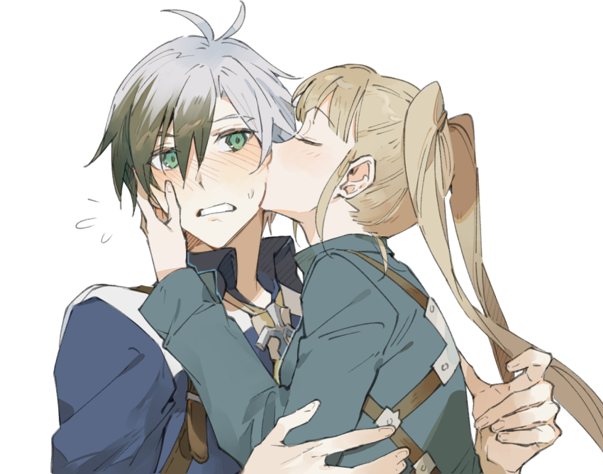 1boy 1girl black_hair blonde_hair blue_shirt blush collared_shirt commentary elle_mel_martha embarrassed green_eyes green_shirt grey_hair harness kiss kissing_cheek long_hair long_sleeves ludger_will_kresnik multicolored_hair necktie nervous shirt short_hair simple_background symbol-only_commentary tales_of_(series) tales_of_xillia tales_of_xillia_2 twintails two-tone_hair upper_body white_background xing_20 yellow_necktie