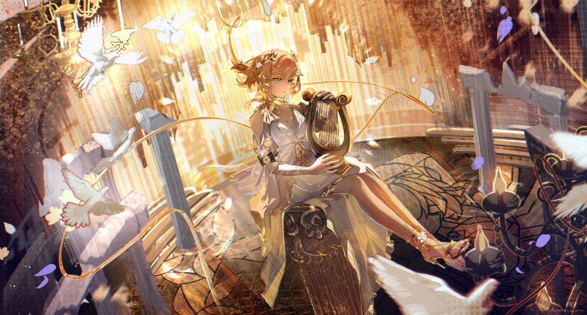 1girl absurdres aglaea_(honkai:_star_rail) ancient_greek_clothes bare_legs bird blonde_hair breasts chandelier cleavage commentary dress greco-roman_clothes green_eyes high_heels highres holding_harp honkai:_star_rail honkai_(series) koresuki_1 large_breasts legs short_hair sitting stone_pillar toes white_bird white_dress