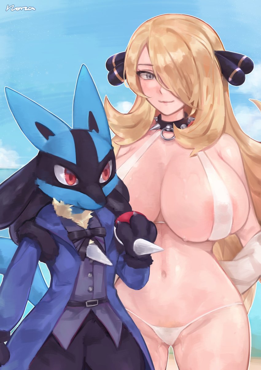 1girl absurdres arms_behind_back bad_id bad_twitter_id bikini blonde_hair breasts closed_mouth clothed_pokemon cloud collar commentary covered_erect_nipples cynthia_(pokemon) day eyelashes female_pubic_hair furry furry_male furry_with_non-furry gen_4_pokemon grey_eyes hair_ornament hair_over_one_eye highres holding holding_poke_ball huge_breasts interspecies large_breasts long_hair lucario navel nintendo norza outdoors pet_play poke_ball poke_ball_(basic) pokemon pokemon_(creature) pokemon_dppt pokephilia pubic_hair pussy_juice role_reversal shiny_skin signature sky smile spiked_collar spikes swimsuit white_bikini