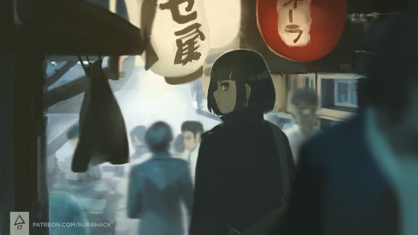 androgynous aurahack bag black_coat black_hair brown_eyes chinese_lantern coat from_behind gender_request glasses looking_back original profile signature watermark web_address