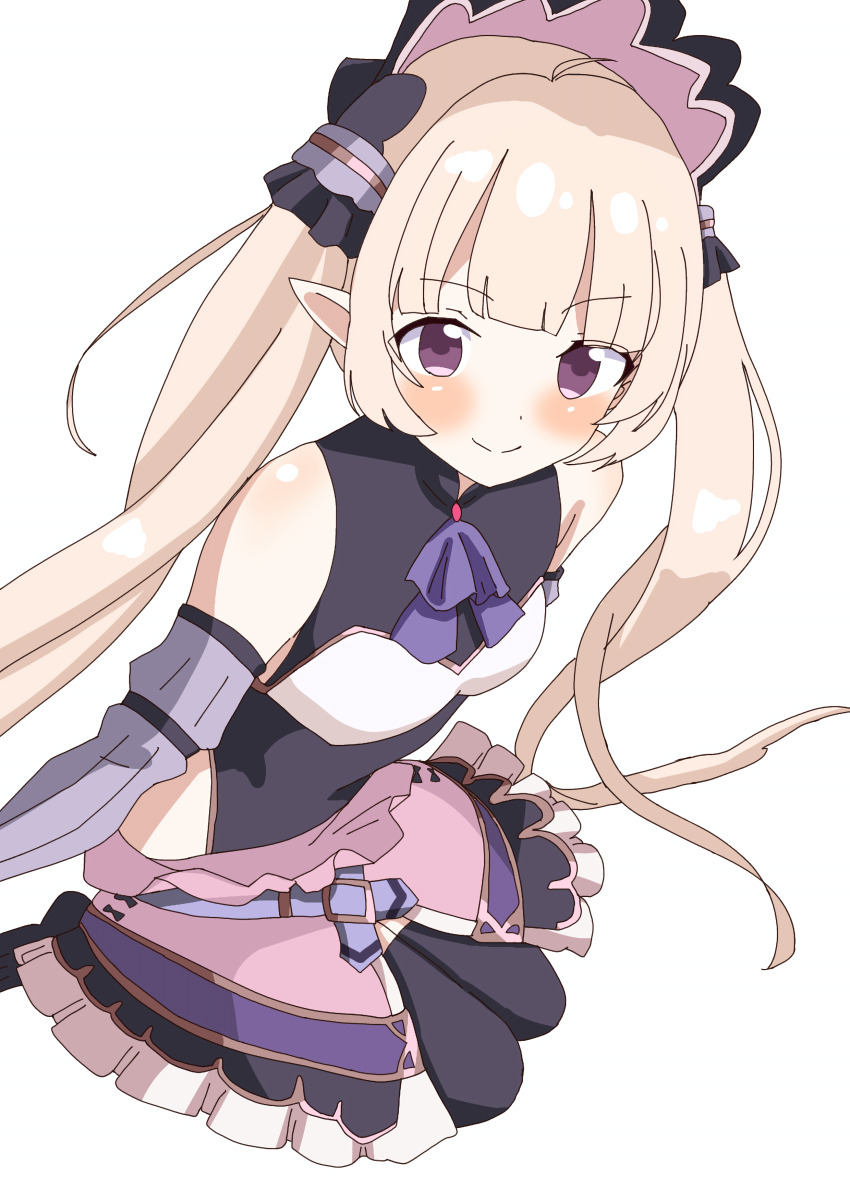 1boy ahoge artist_request bare_hips blonde_hair blush bow bowtie detached_sleeves dress elf flat_chest hair_ornament headdress long_hair looking_at_viewer pink_skirt pointy_ears princess_connect! purple_eyes sitting_on_knees skirt smile thighhighs trap twintails white_background yuki_(princess_connect!)