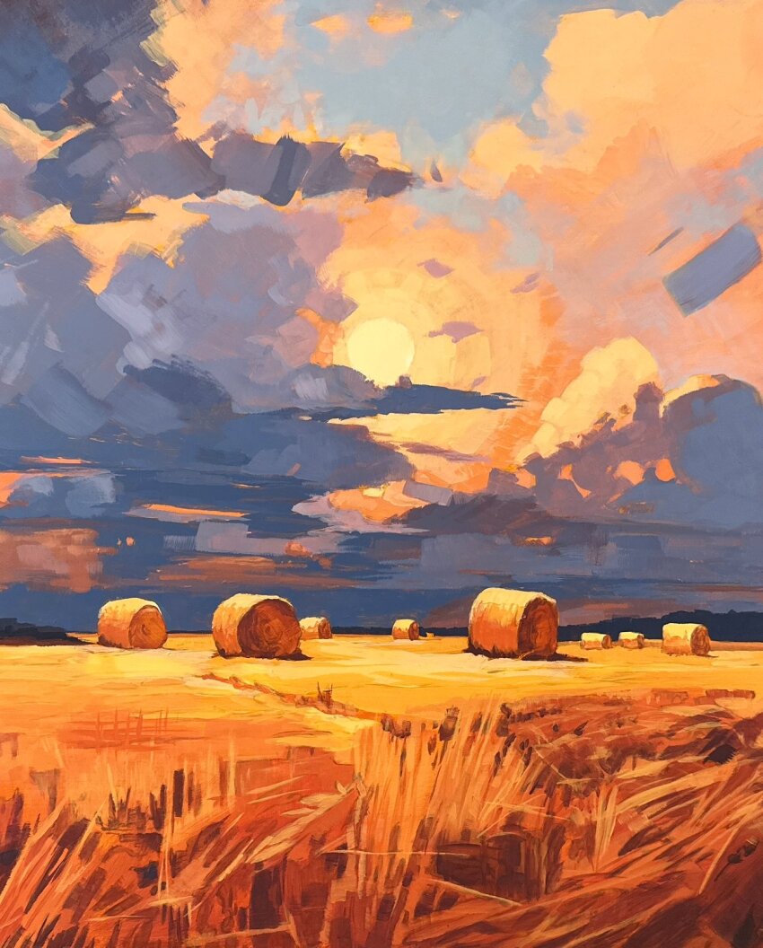 cloud cloudy_sky commentary english_commentary field hay hay_bale highres jimmusilpainter mountain nature no_humans original outdoors scenery sky sun