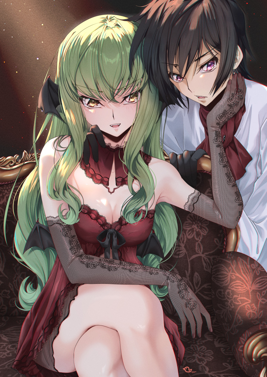 1boy 1girl :d absurdres alternate_costume animal_ears armchair bare_shoulders bat_ears bat_wings black_gloves black_hair breasts budgiepon c.c. chair cleavage code_geass commentary crossed_legs detached_collar dress elbow_gloves fangs feet_out_of_frame fine_fabric_emphasis gloves green_hair hair_between_eyes halloween_costume hand_on_another&#039;s_neck highres lace lace-trimmed_gloves lace_trim lelouch_vi_britannia long_hair looking_at_viewer medium_breasts on_chair open_mouth purple_eyes red_dress red_nails short_hair sidelocks sitting smile strapless strapless_dress teeth upper_teeth_only v-shaped_eyebrows vampire_costume very_long_hair wavy_hair wings yellow_eyes