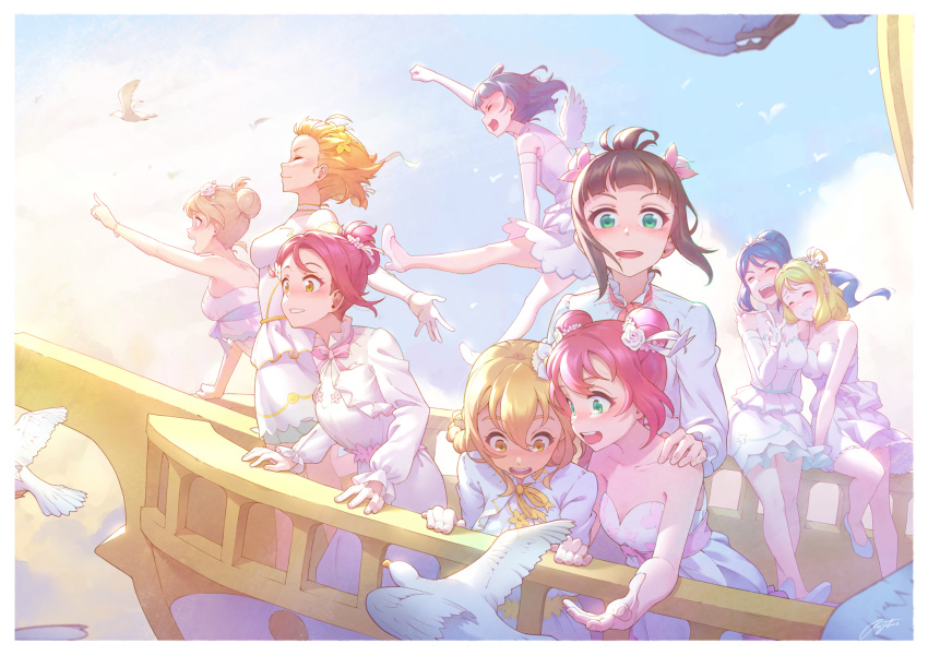 against_railing ahoge bare_shoulders bird black_hair blonde_hair blue_eyes blue_hair blush bracelet breasts brown_hair cleavage closed_eyes closed_mouth cloud cloudy_sky dress everyone flat_chest flower from_side green_eyes hair_bun hair_ornament high_heels highres hug jewelry jumping kunikida_hanamaru kurosawa_dia kurosawa_ruby large_breasts long_hair looking_at_viewer love_live! love_live!_sunshine!! matsuura_kanan multiple_girls ohara_mari open_mouth orange_hair pink_hair pointing purple_hair railing reaching red_hair regition sail sakurauchi_riko seagull ship shoes short_hair skirt sky smile takami_chika tsushima_yoshiko watanabe_you watercraft wings yellow_eyes