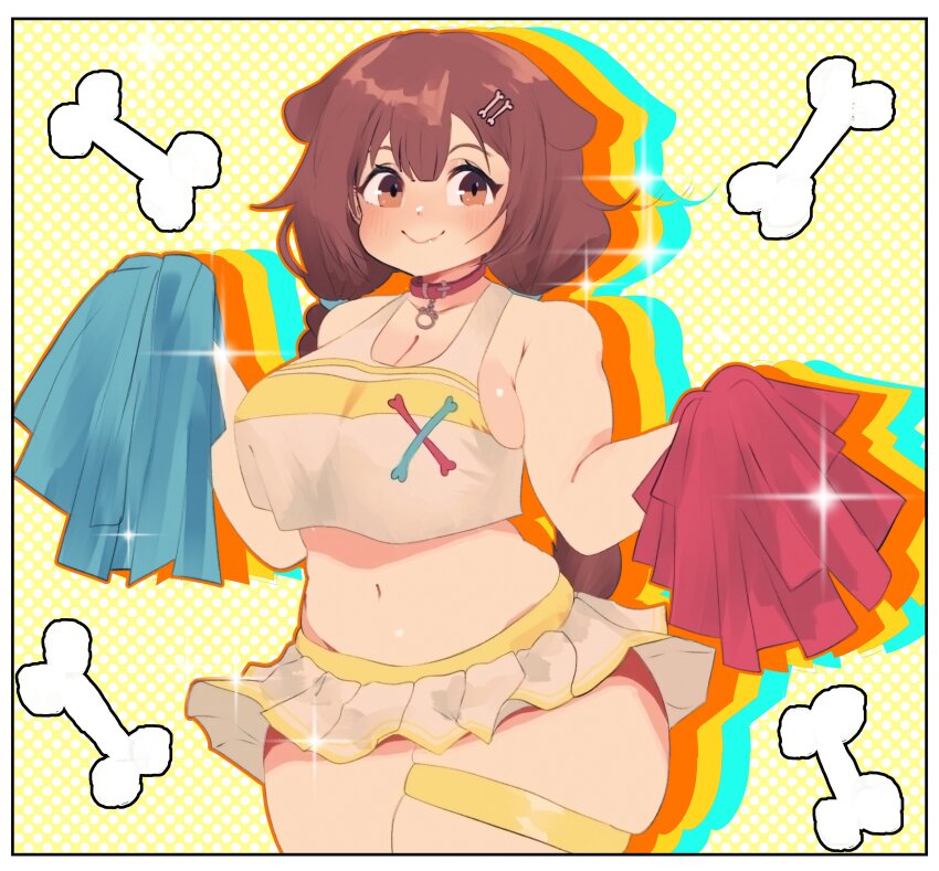 1girl absurdres animal_ears bone bone_hair_ornament breasts brown_eyes brown_hair cheerleader cleavage collar crop_top dog_ears dog_girl dog_tail hair_ornament highres hololive inugami_korone large_breasts long_hair looking_at_viewer midriff miniskirt navel pleated_skirt plump pom_pom_(cheerleading) red_collar skirt solo tail tank_top thick_arms thick_thighs thighs virtual_youtuber weeze white_skirt white_tank_top yellow_background