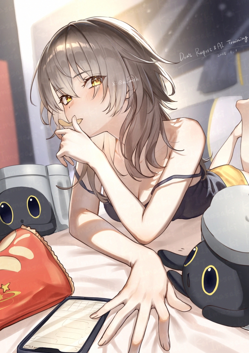 1girl absurdres bed black_tank_top blush cellphone chips_(food) critter_pick_(honkai:_star_rail) food grey_hair hair_between_eyes highres honkai:_star_rail honkai_(series) imasaki_kei long_hair looking_at_viewer mouth_hold phone potato_chips shorts smartphone snack solo stelle_(honkai:_star_rail) tank_top trailblazer_(honkai:_star_rail) yellow_eyes yellow_shorts