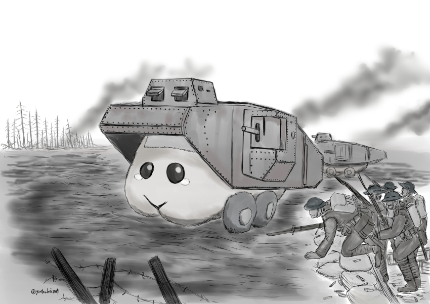 5boys absurdres backpack bag barbed_wire bare_tree bayonet boots combat_helmet commentary_request day greyscale guinea_pig gun helmet highres holding holding_gun holding_weapon jacket mark_iv_tank military military_uniform military_vehicle monochrome motor_vehicle multiple_boys outdoors pants pui_pui_molcar rifle sandbag shell_casing smoke stahlhelm tank tears tree trench twitter_username vehicle_request war weapon world_war_i yontouhei2019
