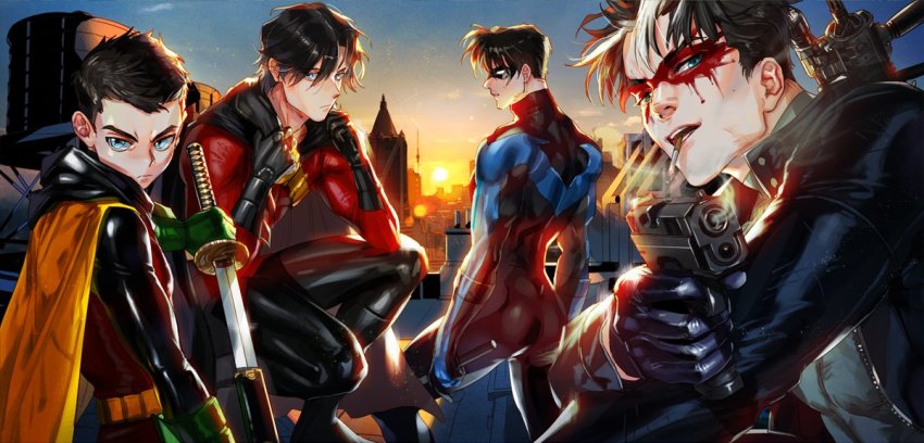 4boys aiming aiming_at_viewer back batman_(series) black_bodysuit black_cape black_gloves black_hair black_jacket black_shirt blue_bodysuit blue_eyes bodysuit brothers cape cigarette closed_mouth damian_wayne dc_comics dick_grayson domino_mask facepaint g0ringo gloves green_eyes green_gloves gun holding holding_gun holding_sheath holding_sword holding_weapon hood hood_down hooded_cape jacket jason_todd looking_at_viewer looking_back male_focus mask multicolored_hair multiple_boys nightwing open_clothes open_jacket outdoors red_bodysuit red_hood_(dc) red_robin robin_(dc) sheath shirt short_hair siblings sunset sword tim_drake two-tone_hair unsheathing weapon white_hair yellow_cape