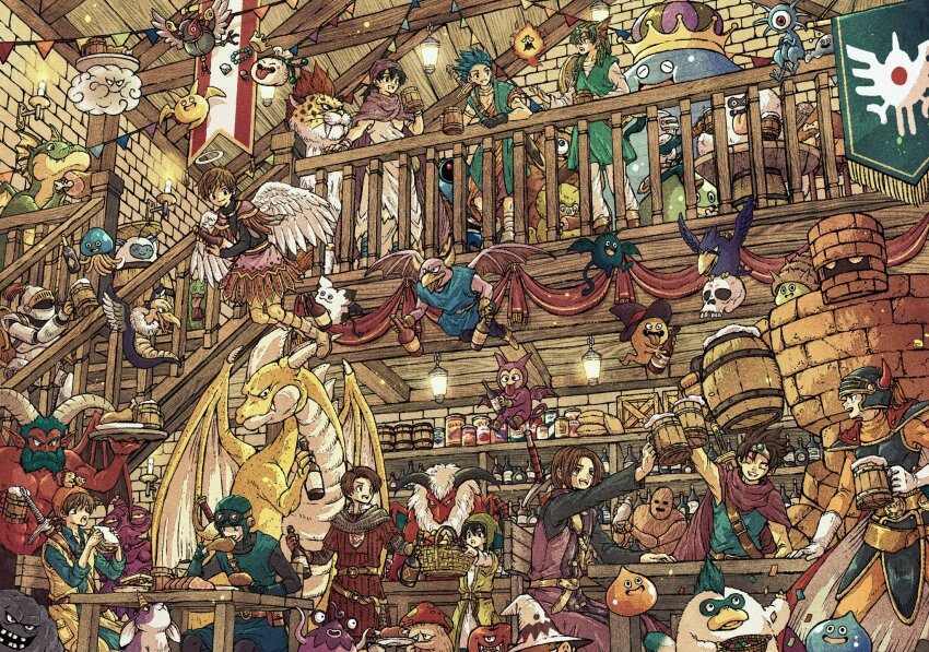 1980s_(style) 6+boys alcohol angel_wings armor bandana bar_(place) beer bottle bunicorn cape character_request cloak dragon dragon_quest dragon_quest_i dragon_quest_ii dragon_quest_iii dragon_quest_iv dragon_quest_ix dragon_quest_v dragon_quest_vi dragon_quest_vii dragon_quest_viii dragon_quest_x dragon_quest_xi fake_horns golem_(dragon_quest) great_sabrecat healslime hero_(dq1) hero_(dq10) hero_(dq11) hero_(dq3) hero_(dq4) hero_(dq5) hero_(dq6) hero_(dq7) hero_(dq8) hero_(dq9) highres horned_headwear horns in-franchise_crossover king_slime_(dragon_quest) magic_marionette_(dragon_quest) monster multiple_boys munchie_(dq8) oldschool prince_of_lorasia retro_artstyle roto_(dq3) she-slime slime_(creature) slime_(dragon_quest) slime_knight sword sword_on_back table tankard tavern toriga weapon weapon_on_back wine_bottle wings