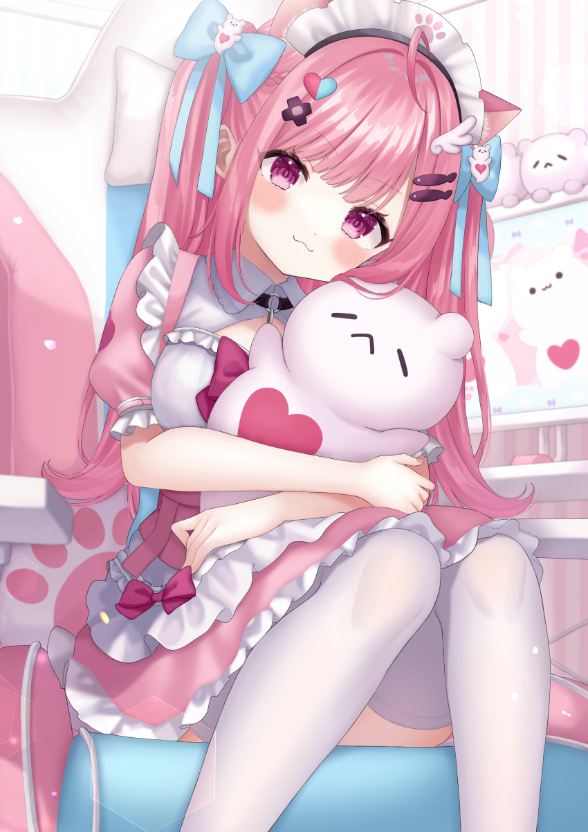1girl :3 absurdres ahoge animal_ears apron bandaid bandaid_hair_ornament black_choker blue_bow bow breasts cat_choker cat_ears cat_girl chair choker closed_mouth collared_dress commentary_request computer dot_nose dress erunoto feet_out_of_frame fish_hair_ornament frilled_dress frills gaming_chair ghost_hair_ornament hair_bow hair_ornament head_tilt heart heart_hair_ornament highres holding holding_stuffed_toy indie_virtual_youtuber indoors light_blush long_hair looking_at_viewer maid medium_breasts pink_bow pink_dress pink_eyes pink_hair puffy_short_sleeves puffy_sleeves short_sleeves sitting solo straight_hair stuffed_toy swivel_chair thighhighs two_side_up unconventional_maid v-shaped_eyebrows virtual_youtuber waist_apron white_thighhighs wing_hair_ornament yuuki_sakuna