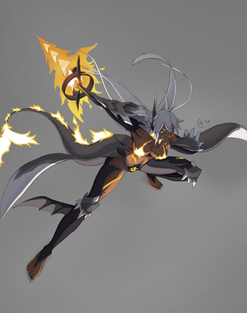 1girl absurdres alternate_form arrancar asymmetrical_legwear barefoot black_sclera bleach bleach:_brave_souls body_markings breasts colored_sclera commission dark-skinned_female dark_skin energy_sword facial_mark fiery_tail fingernails fins fire fish_tail flame-tipped_tail flaming_sword flaming_weapon floating_hair grey_background highres holding holding_weapon hollow_(bleach) horn_ornament horns large_breasts leg_wings leggings long_fingernails long_hair long_toenails looking_at_viewer mismatched_legwear mocomiliano monster_girl parted_lips resurreccion shark_fin shark_girl shark_tail sharp_fingernails sharp_toenails simple_background skin_tight solo sword tail tier_harribel toenails topless_female weapon white_hair wings yellow_fire