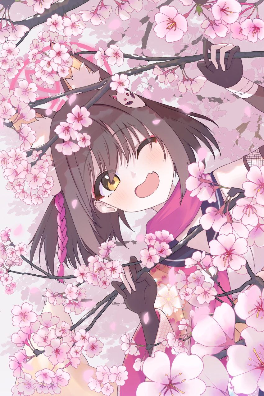 1girl ;d absurdres animal_ears blue_archive blush branch cherry_blossoms commentary_request extra_ears eyeshadow falling_petals fang fox_ears fox_mask halo head_tilt highres holding holding_branch izuna_(blue_archive) izunasuki_art looking_at_viewer makeup mask mask_on_head one_eye_closed open_mouth outdoors petals pink_scarf red_eyeshadow scarf school_uniform serafuku short_hair skin_fang smile solo