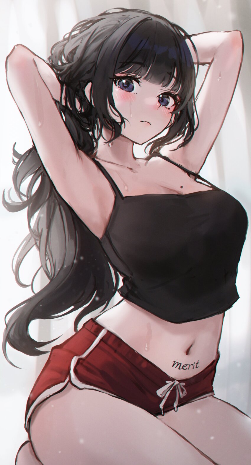 1girl absurdres adjusting_hair armpits arms_behind_head arms_up bare_arms bare_shoulders bbeedol black_hair black_shirt blue_eyes breasts camisole cleavage closed_mouth crop_top dolphin_shorts drawstring eyebrows_hidden_by_hair highres long_hair looking_at_viewer medium_breasts midriff mole mole_on_breast navel original red_shorts seiza shirt short_shorts shorts sitting sleeveless sleeveless_shirt solo spaghetti_strap stomach strap_gap sweat thighs