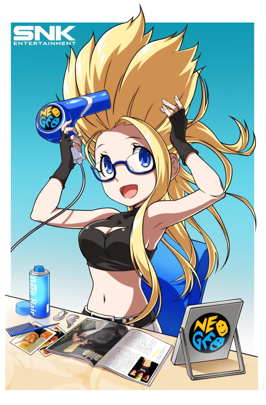 1girl alternate_hair_length alternate_hairstyle armpits black_shirt blonde_hair blouse blue-framed_eyewear blue_eyes breasts cleavage_cutout clothing_cutout commentary_request cosplay covered_collarbone crop_top enta_girl falcoon female_focus fingerless_gloves glasses gloves gradient_background hair_dryer highres long_hair magazine_(object) mascot medium_breasts midriff navel nikaidou_benimaru nikaidou_benimaru_(cosplay) no_bra off_shoulder official_art outside_border semi-rimless_eyewear shirt sideboob sleeveless snk solo the_king_of_fighters under-rim_eyewear updo