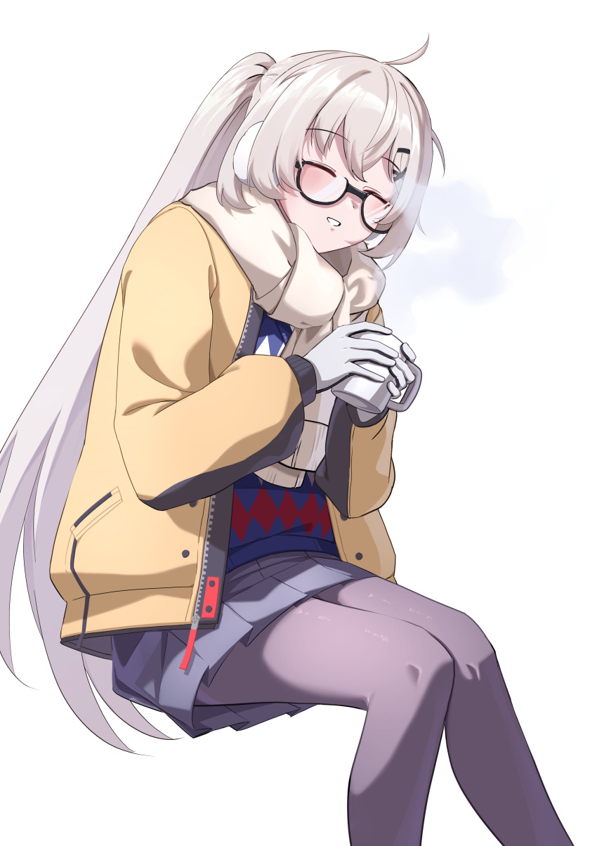 1girl absurdres ahoge argyle_clothes argyle_sweater black-framed_eyewear black_pantyhose black_skirt blonde_hair blue_archive blue_sweater brown_scarf brown_sweater closed_eyes commentary commentary_request cup english_commentary feet_out_of_frame glasses grin hands_up highres holding holding_cup jacket korean_commentary kotama_(blue_archive) kotama_(camp)_(blue_archive) long_hair long_sleeves miniskirt mixed-language_commentary multicolored_sweater official_alternate_costume open_clothes open_jacket pantyhose pleated_skirt ponytail scarf semi-rimless_eyewear simple_background sitting skirt smile solo steam sweater transparent_background under-rim_eyewear user_jrze3353 very_long_hair yellow_jacket
