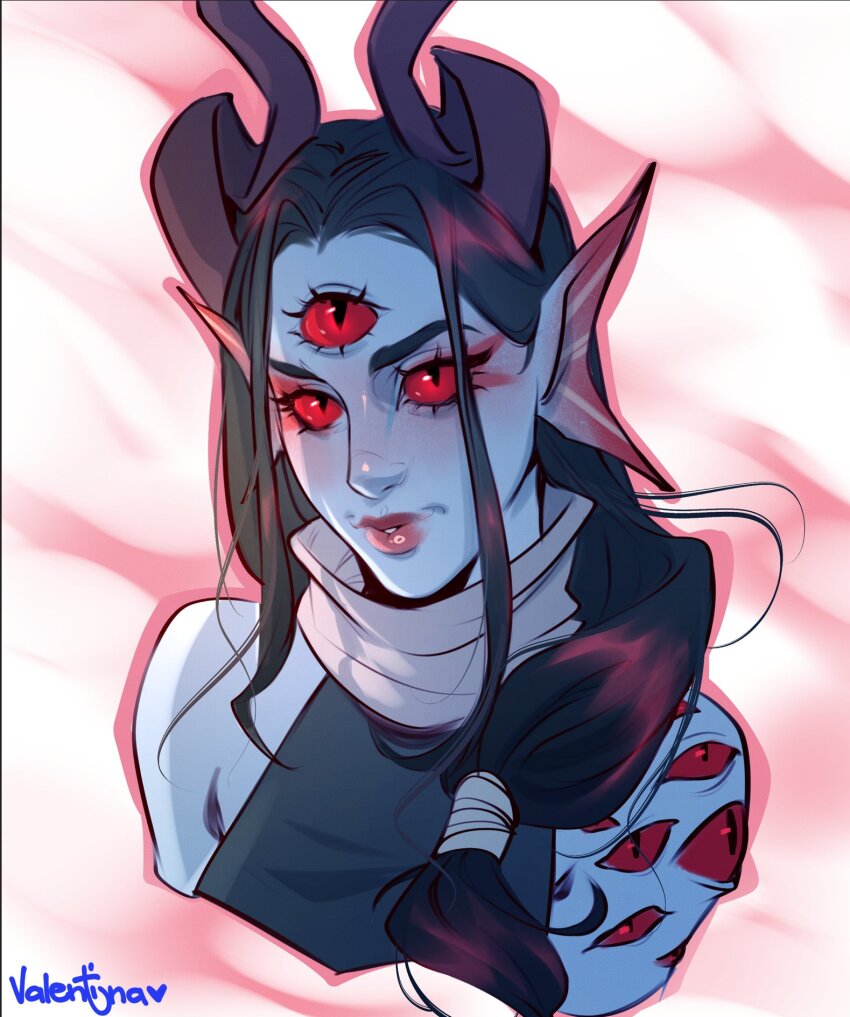 1girl artist_name black_hair blue_skin colored_skin extra_eyes fins head_fins highres horns long_hair looking_at_viewer original portrait red_eyes signature slit_pupils solo third_eye valentina_tavolilla