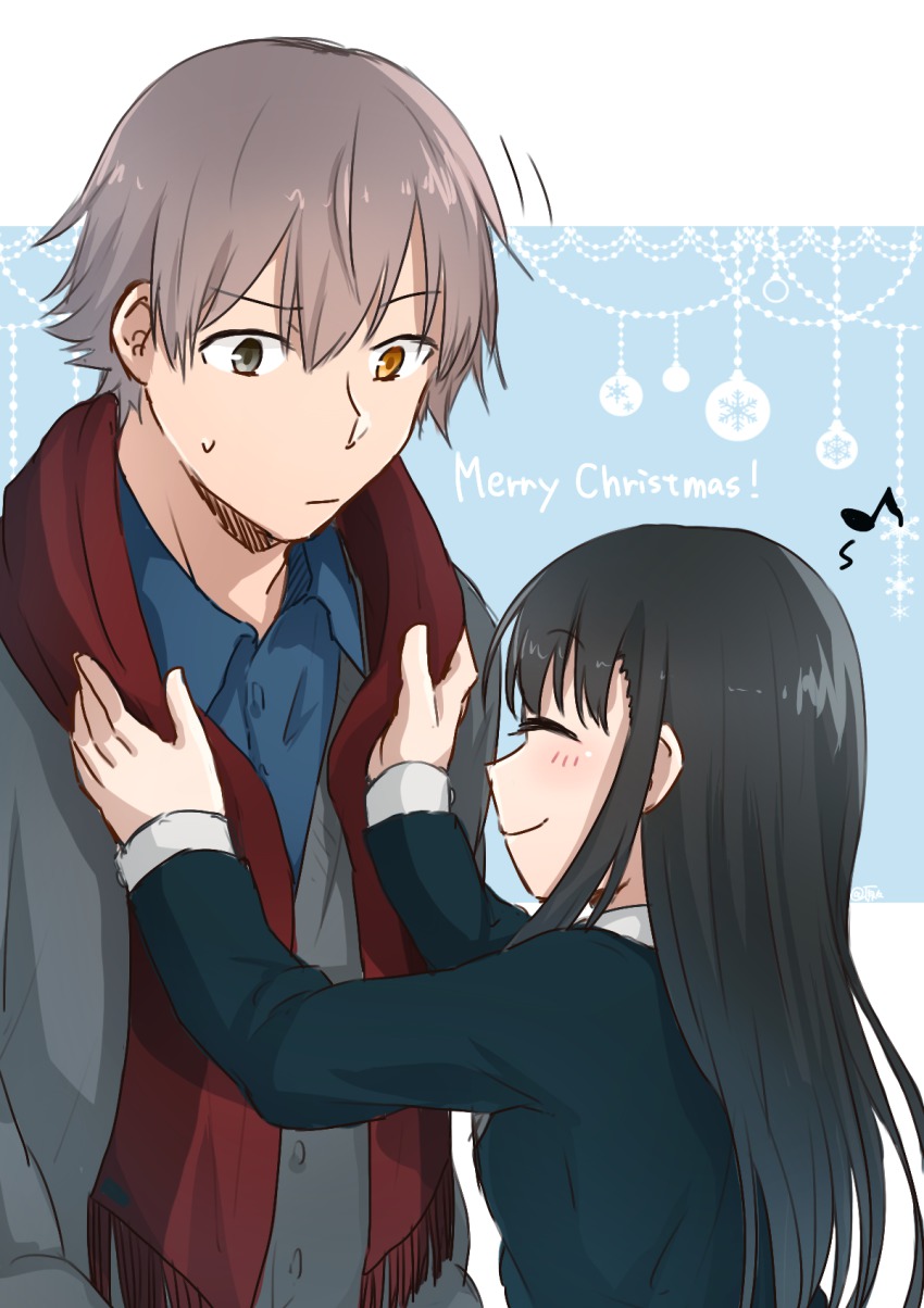 1boy 1girl black_hair brown_hair grey_eyes harahara_(harashi001) heterochromia highres kamekura_mitsuru kara_no_kyoukai long_hair merry_christmas orange_eyes ryougi_mana scarf short_hair