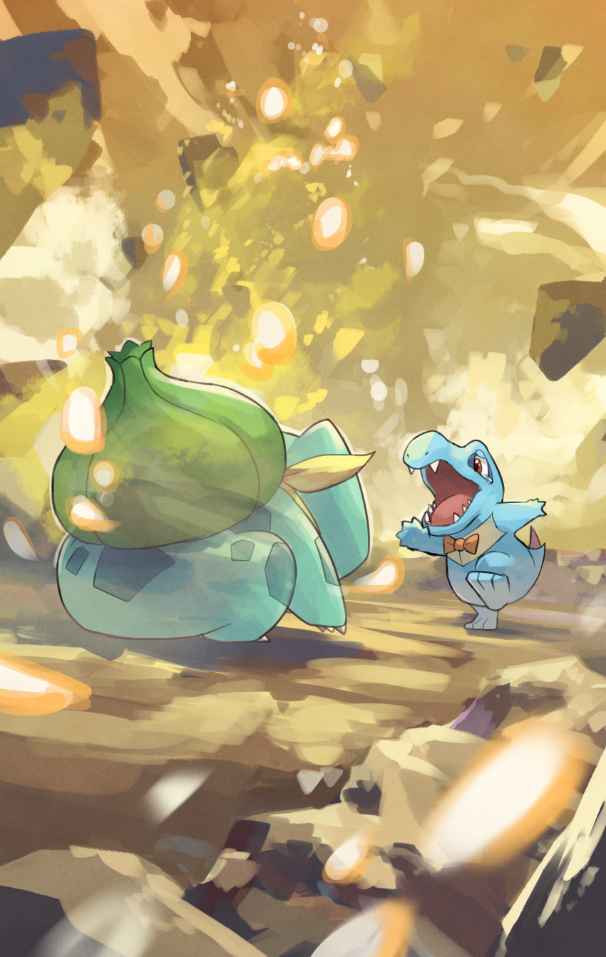 animal_focus blue_skin bow bowtie bulbasaur colored_skin commentary_request crocodilian gen_1_pokemon gen_2_pokemon highres light nintendo no_humans open_mouth orange_bow orange_bowtie pokemon pokemon_(creature) pokemon_mystery_dungeon pokemon_mystery_dungeon:_explorers_of_time/darkness/sky red_eyes sharp_teeth sky spoilers tail tearing_up teeth totodile yamaori_(hakkentai_pokedan) yellow_sky