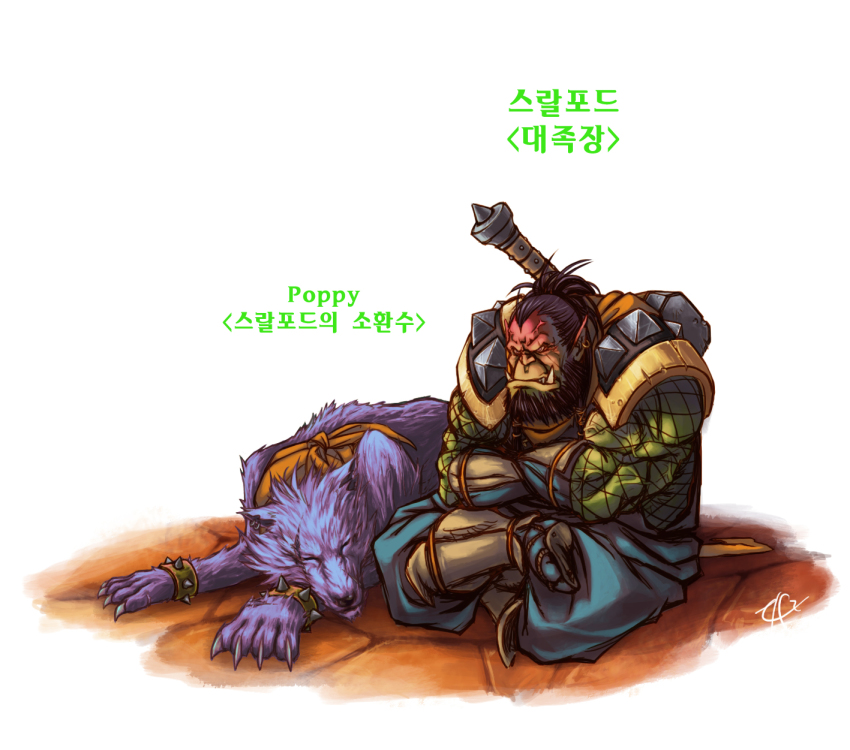 angry armor beard black_hair colored_skin cosplay earrings facial_hair galford_d_weller galford_d_weller_(cosplay) gauntlets green_skin hammer highres jewelry korean_text ninja orc samurai_spirits sandals shoulder_pads thrall warcraft wolf world_of_warcraft