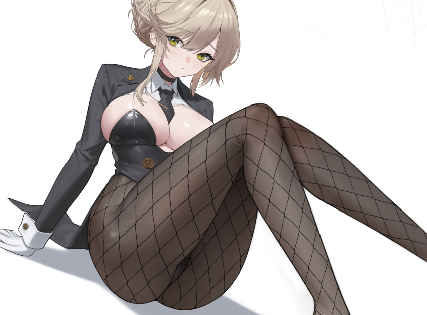 1girl ade_(agent_bunny)_(nikke) ade_(nikke) between_breasts black_choker black_jacket black_leotard black_necktie blonde_hair braid breasts bun_with_braided_base choker cleavage closed_mouth clover_pin commentary_request fishnet_pantyhose fishnets gloves goddess_of_victory:_nikke green_eyes highres jacket knees_up large_breasts leotard long_sleeves looking_at_viewer medium_sidelocks necktie necktie_between_breasts official_alternate_costume open_clothes open_jacket pantyhose playboy_bunny potatoy short_hair sitting sleeve_cuffs solo strapless strapless_leotard swept_bangs tailcoat undersized_breast_cup white_background white_gloves