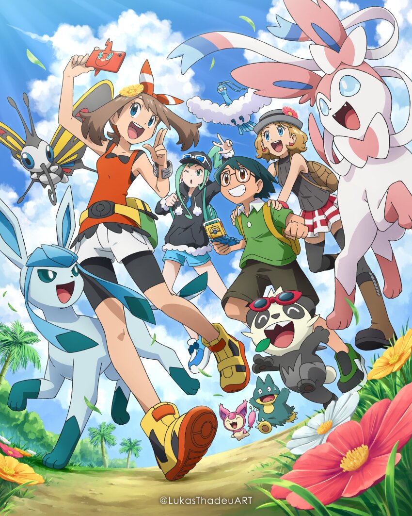 1boy 3girls absurdres altaria bandana beautifly bird black_hair black_thighhighs blonde_hair blue_eyes blush bow breasts bug butterfly cat closed_eyes earrings eyelashes fake_screenshot fangs flower full_body gen_3_pokemon gen_4_pokemon gen_6_pokemon glaceon glasses green_eyes green_hair hair_ornament hat highres holding insect jewelry lisia_(pokemon) long_hair lukas_thadeu max_(pokemon) may_(pokemon) multiple_girls munchlax nintendo no_humans official_style on_shoulder one_eye_closed open_mouth outdoors pancham pokemon pokemon_(anime) pokemon_(creature) pokemon_journeys pokemon_on_shoulder pokemon_oras red_skirt ribbon serena_(pokemon) shirt short_hair short_sleeves shorts sidelocks skirt skitty sky sleeveless sleeveless_shirt smile sunglasses sylveon tail thighhighs twitter_username