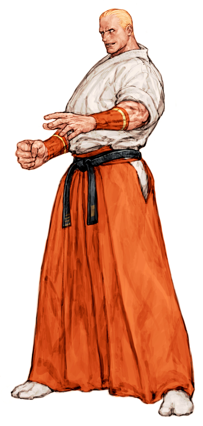 1boy absurdres belt black_belt blonde_hair blue_eyes capcom_vs_snk clenched_hand dougi fatal_fury game_cg geese_howard grin hakama hakama_skirt highres japanese_clothes male_focus martial_arts_belt muscular nishimura_kinu non-web_source official_art red_hakama simple_background skirt smile solo standing tabi the_king_of_fighters white_background