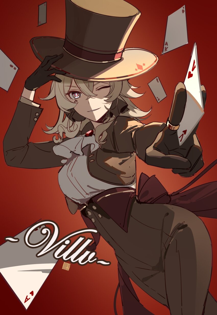 1girl ;) black_gloves breasts brown_hair brown_jacket brown_pants card character_name commentary_request gloves grey_eyes hand_on_headwear hat highres holding holding_card honkai_(series) honkai_impact_3rd jacket large_breasts manbu72747 medium_hair one_eye_closed pants red_background shirt smile solo top_hat vill-v white_shirt