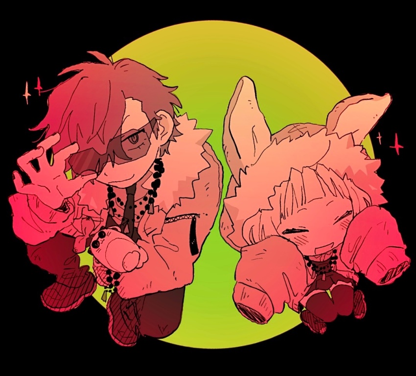 1boy 1girl achichikairo adjusting_eyewear alternate_costume animal_hood bad_id bad_twitter_id character_request check_character circle closed_eyes commentary from_above full_body glasses hair_over_one_eye hand_on_eyewear hand_up hands_up hashtag-only_commentary hood hood_up inactive_account jacket leos_vincent long_sleeves looking_at_viewer mameneko_(leos_vincent) nijisanji open_mouth pants shirt short_hair sitting sleeves_past_fingers sleeves_past_wrists smile sparkle squatting sunglasses suo_sango virtual_youtuber