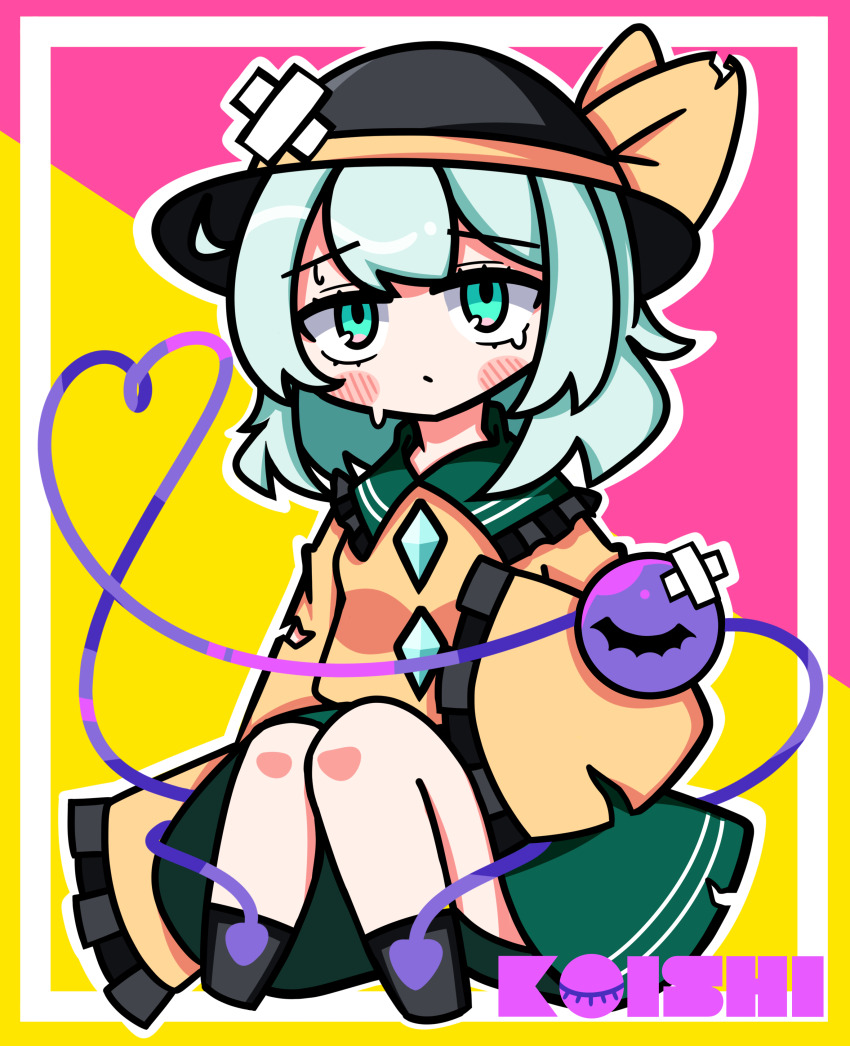 1girl absurdres black_hat blush blush_stickers bow buttons diamond_button frilled_shirt_collar frilled_sleeves frills full_body green_eyes green_hair green_skirt hat hat_bow heart heart_of_string highres komeiji_koishi light_green_hair long_sleeves medium_hair pink_background shirt sitting skirt sleeves_past_wrists solo third_eye torn_clothes torn_shirt touhou two-tone_background waroemon yellow_background yellow_bow yellow_shirt