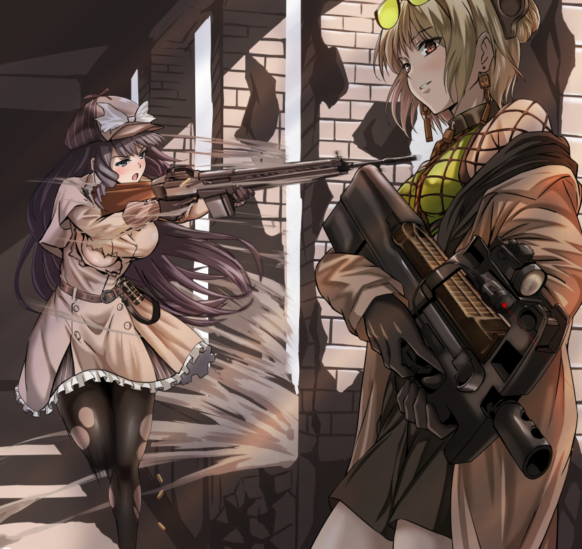 2girls against_wall battle_rifle beige_coat belt black_gloves black_legwear blonde_hair blue_eyes bodystocking bow breasts brick_wall brown_coat brown_hair bullpup newsboy_cap choker coat double_bun drill_hair drill_sidelocks dust earrings explosive eyewear_on_head firing fishnet_bodystocking fishnets floating_earrings frilled_coat frills girls&#039;_frontline gloves green-tinted_eyewear grenade gun hair_bun hand_grenade hat hat_bow highres holding holding_gun holding_weapon howa_type_64_(an_unsuitable_job_for_her)_(girls&#039;_frontline) howa_type_64_(girls&#039;_frontline) jewelry large_breasts less-than-lethal_weapon looking_ahead looking_at_viewer m18_smoke_grenade medium_breasts megane_jigoku multiple_girls necktie off_shoulder open_mouth p90 p90_(girls&#039;_frontline) p90_(the_girl_from_b.e.l)_(girls&#039;_frontline) pantyhose parted_lips post red_necktie rifle rubble running short_hair sideboob sidelocks smoke_grenade submachine_gun taking_cover tinted_eyewear torn_clothes torn_legwear trench_coat trigger_discipline weapon