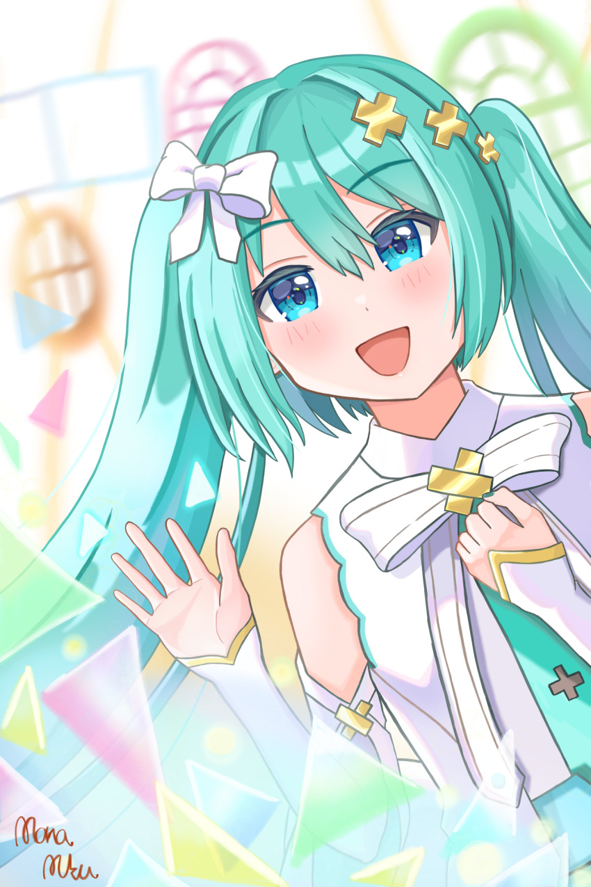 1girl aqua_eyes aqua_hair aqua_necktie blush bow detached_sleeves dress hair_bow hair_ornament hand_on_own_chest hatsune_miku highres hiramado_miku kowareta_sekai_to_utaenai_miku long_hair long_sleeves looking_at_viewer msrx5538 necktie official_alternate_costume official_alternate_hairstyle open_mouth project_sekai sleeveless sleeveless_dress smile solo spoilers vocaloid white_bow x_hair_ornament
